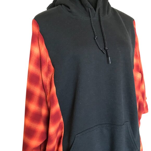 Upcycled Pullover Hoodie, Plus Size: Patchwork Flannel Sweatshirt, Red Plaid - Picture 3 of 13